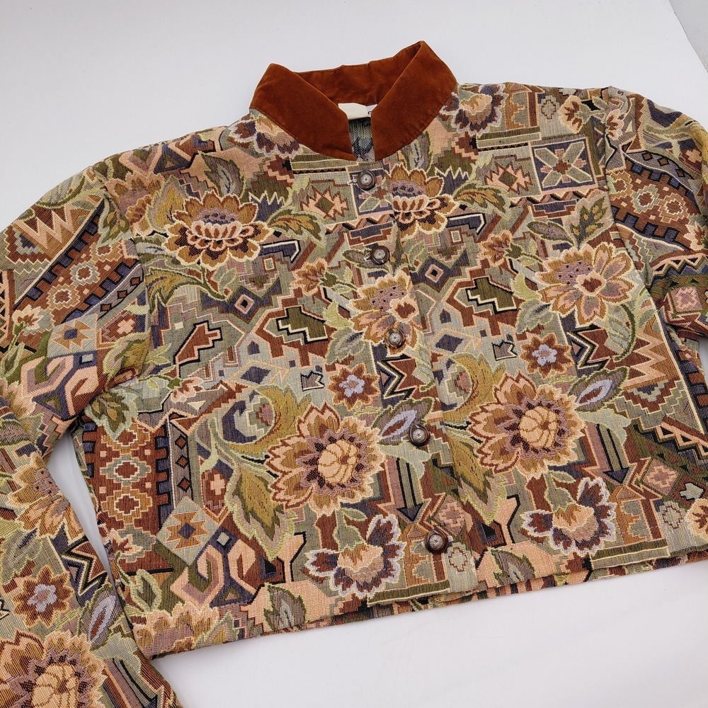 Banjo Dallas Texas Crop Tapestry Jacket Womens L Tan Western Aztec AOP Riding